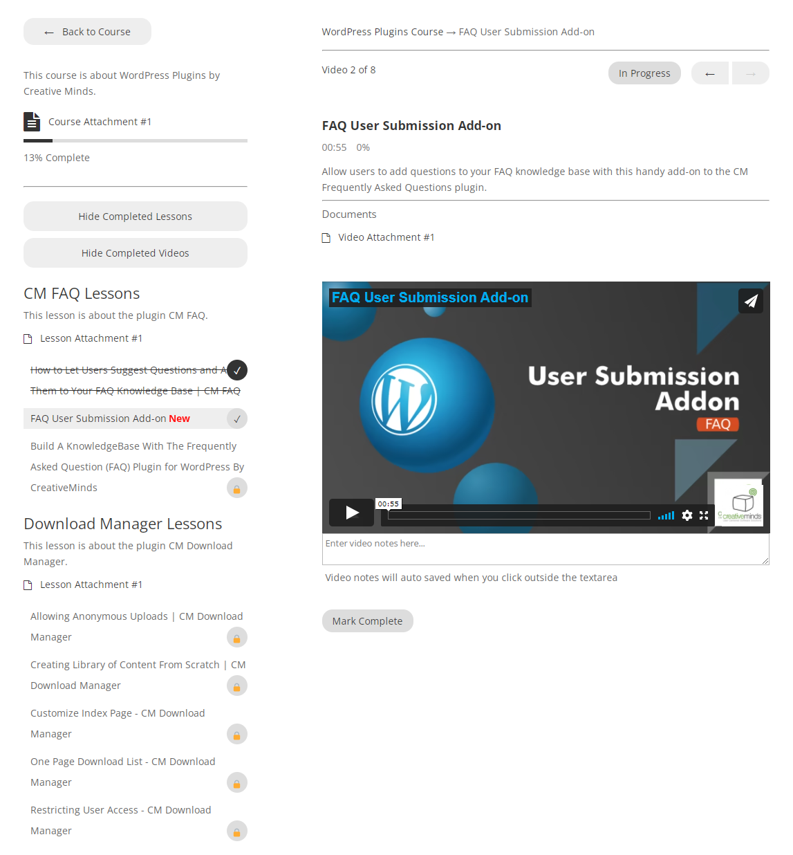 Example of the Learning Management System with video lessons - WordPress Video Course Plugin