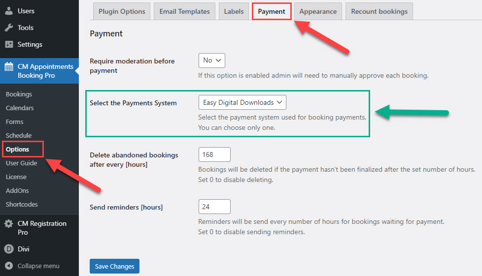 Choosing the payment system - Appointment Scheduling Plugin WordPress