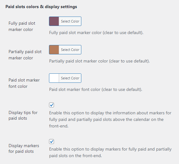 Options for editing and displaying on the front-end tips and markers about paid slots - WordPress Scheduling Plugin