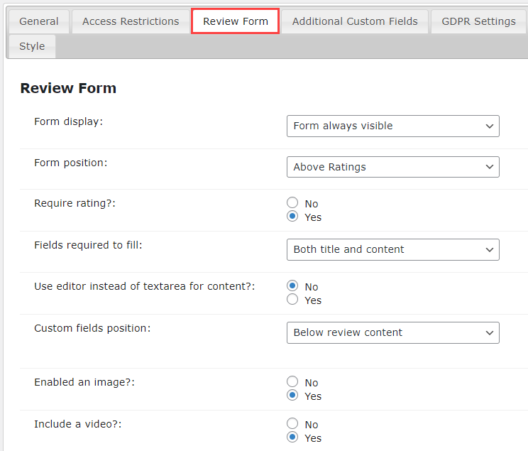 Review form settings - Customer Reviews Plugin