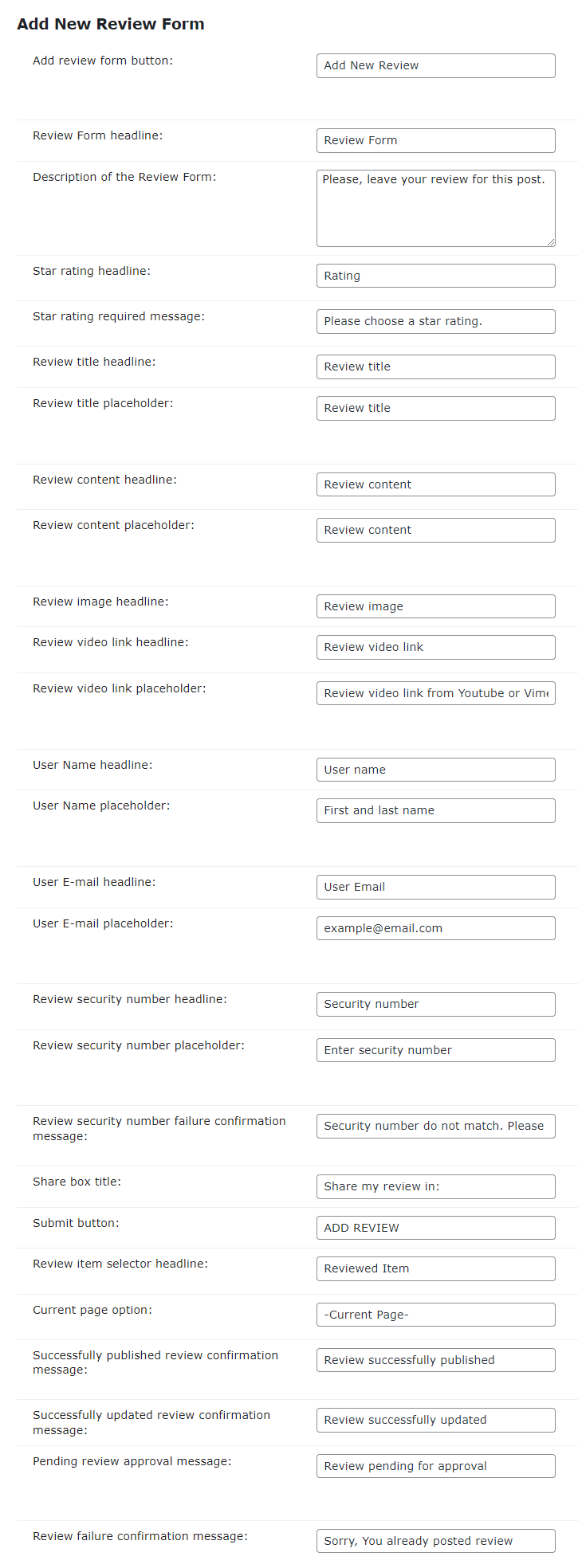 Labels settings - WordPress Plugin Star Rating for Reviews