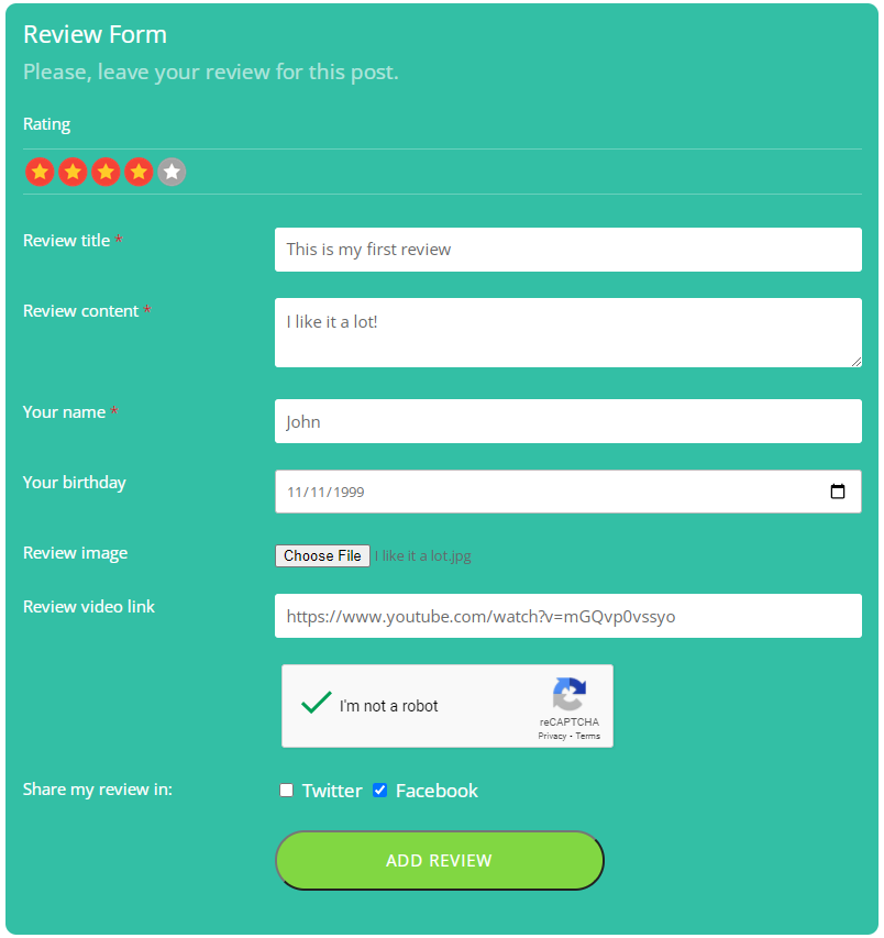 Example of the form for leaving reviews - Customer Review Plugin for WordPress