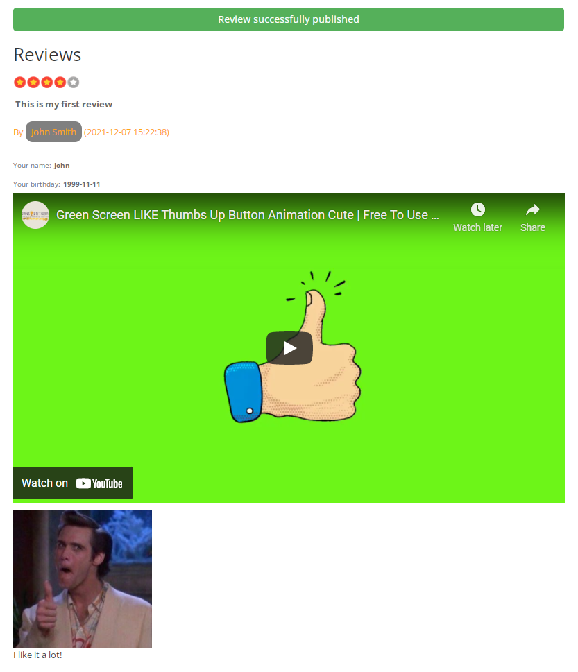 Example of the review with custom fields, video and image - Product Review WordPress Plugin