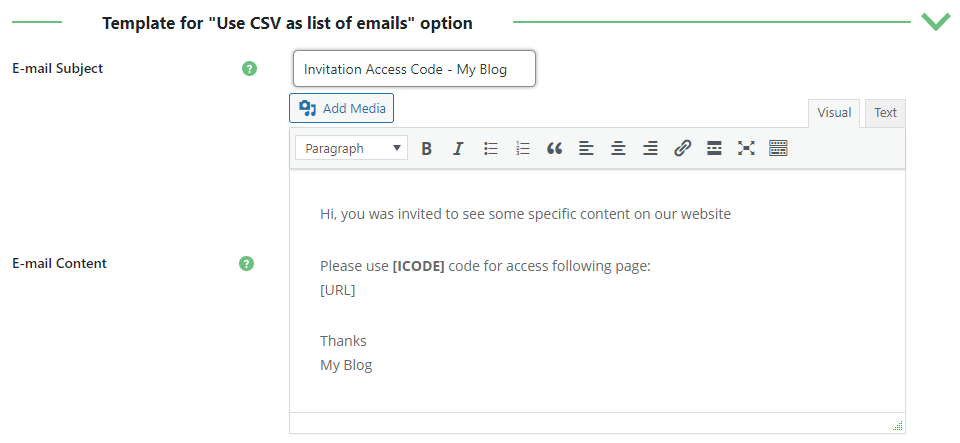 Template for 'use csv as list of email' option - WordPress Content Restriction