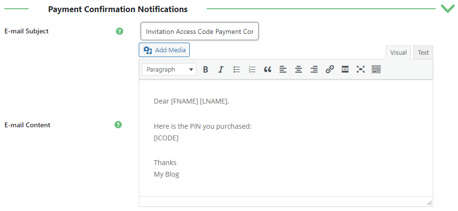 Payment Confirmation Notifications template - WordPress Register with Invitation Code