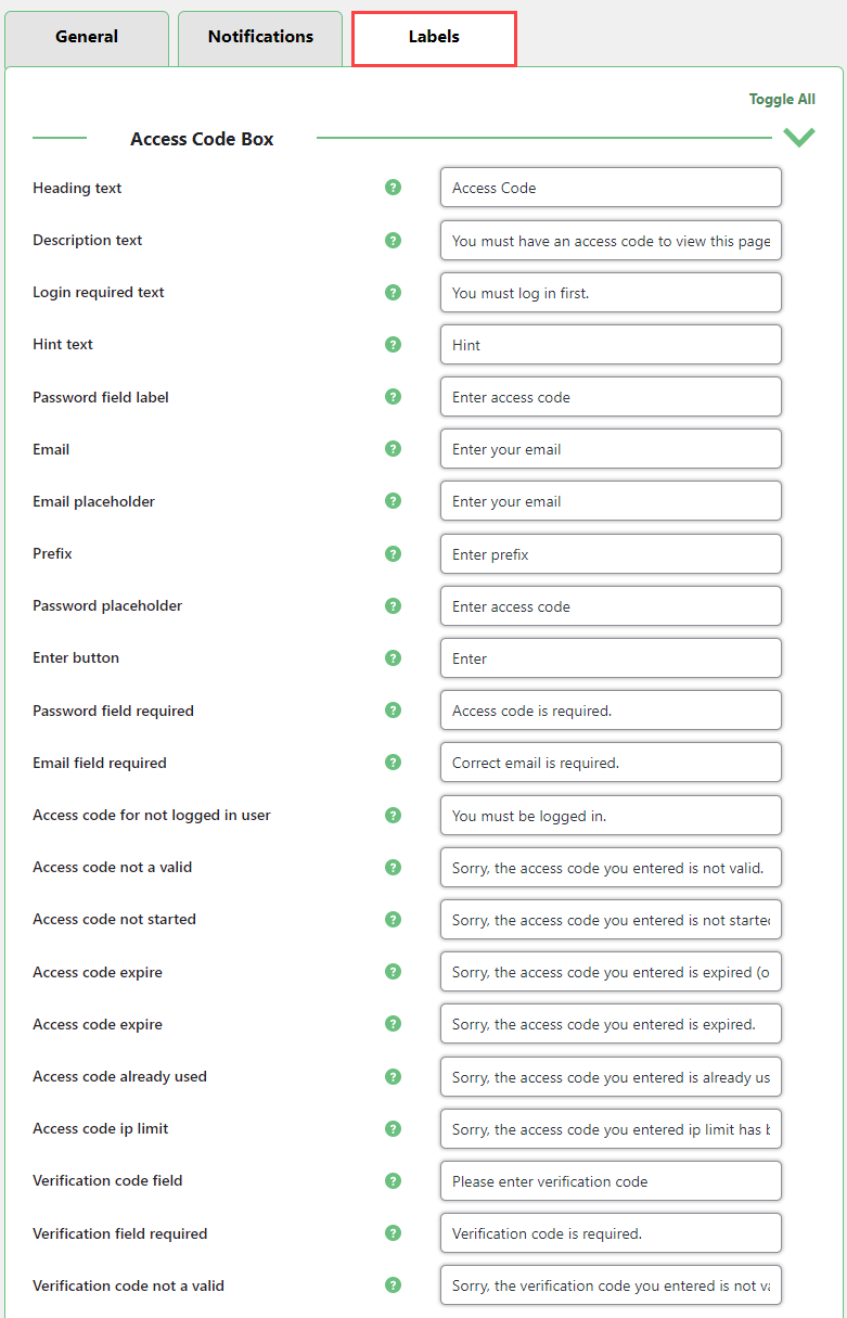 Labels settings - WordPress Register with Invitation Code