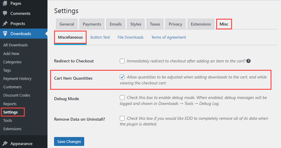 Enabling the 'Cart Item Quantities' option