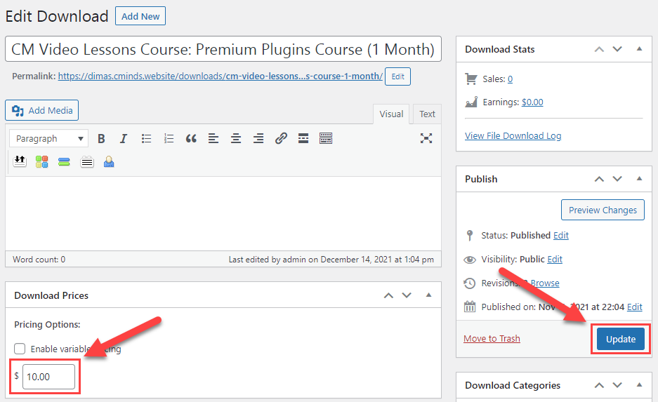 Managing the price for an EDD download - WordPress LMS Plugin