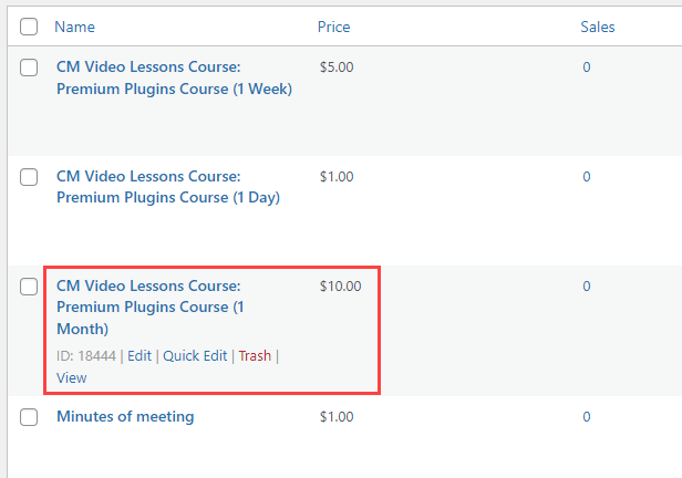 Example of the EDD download related to the video course subscription plan - Online Course WordPress Plugin