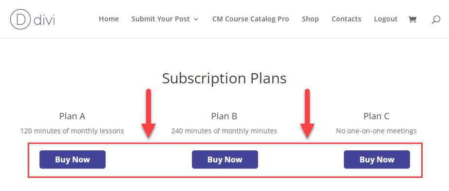 Example of displaying subscription plans on the front-end - WordPress LMS Plugin