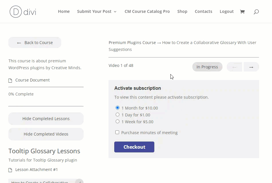 Activating the subscription plan for the video course - WordPress Video Course Plugin