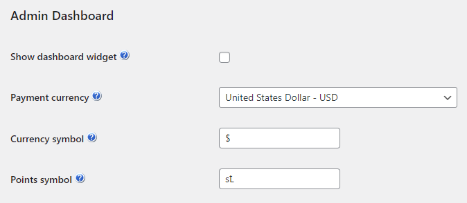 Admin Dashboard settings - WordPress User Wallet Credit System