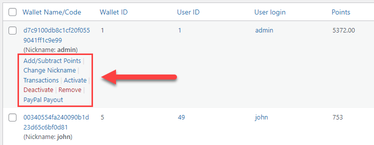 Wallet control options - WordPress Point System