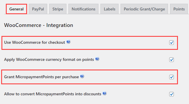 WooCommerce plugin integration settings - WordPress Point System