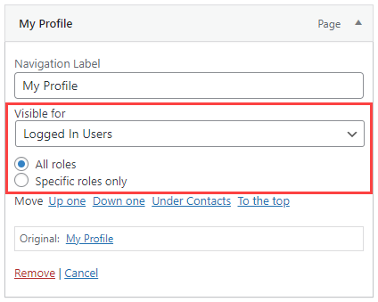 Enabling the menu item for logged-in users only - Content Control WordPress