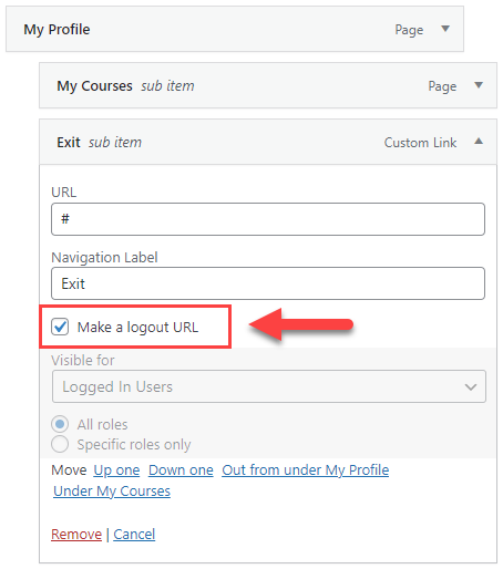 Turning this menu item into logout link that is visible for logged-in users only - Content Dripping WordPress Plugin