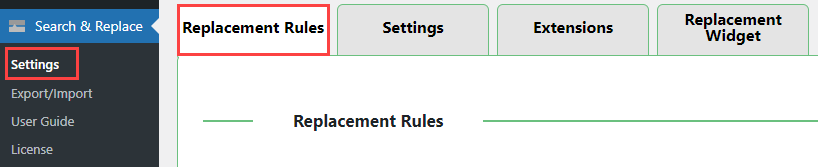 Navigation to the dashboard for managing replacement rules - WordPress Plugin to Mass Replace Links
