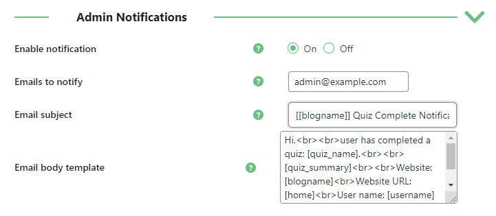 Admin notifications settings - WordPress Exam Plugin With Timer