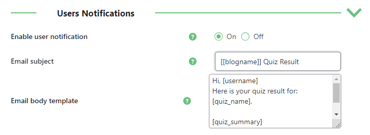 User notifications settings - Quiz Plugin WordPress