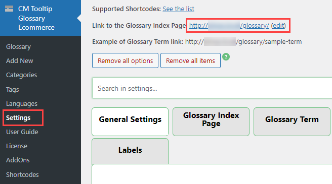 Link to the glossary index page - Knowledge Base WordPress Plugin