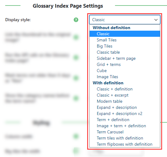 Choosing the display style in Pro+ and Ecommerce versions - WordPress Internal Linking Plugin