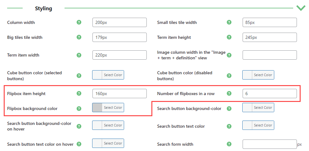 Extra settings for the Flipboxes with definition style - WordPress Glossary Plugin