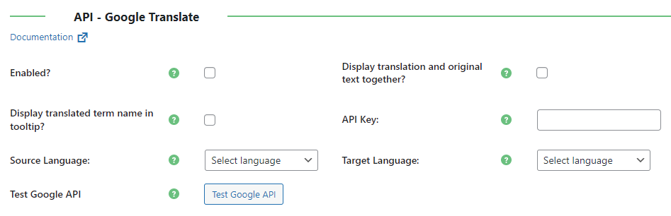 Google Translate integration settings - Wiki for WordPress