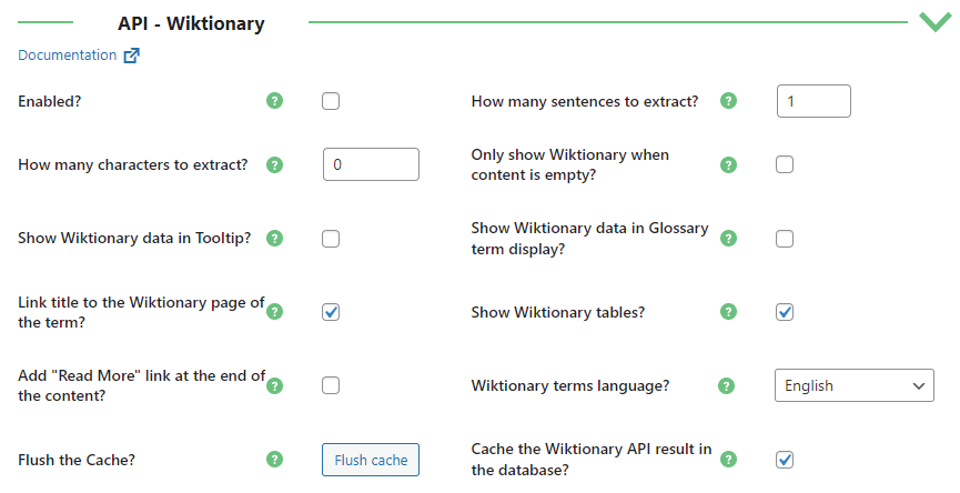 Wiktionary integration settings - Wiki Plugin for WordPress