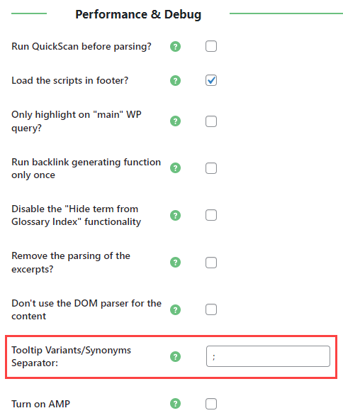 Specifying the separator character for variations and synonyms - Tooltip WordPress Plugin