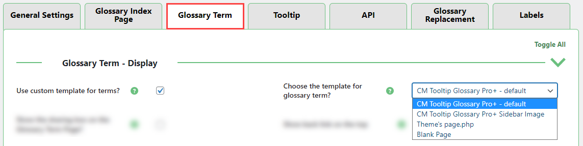 Choosing the glossary term page template - Tooltip WordPress Plugin