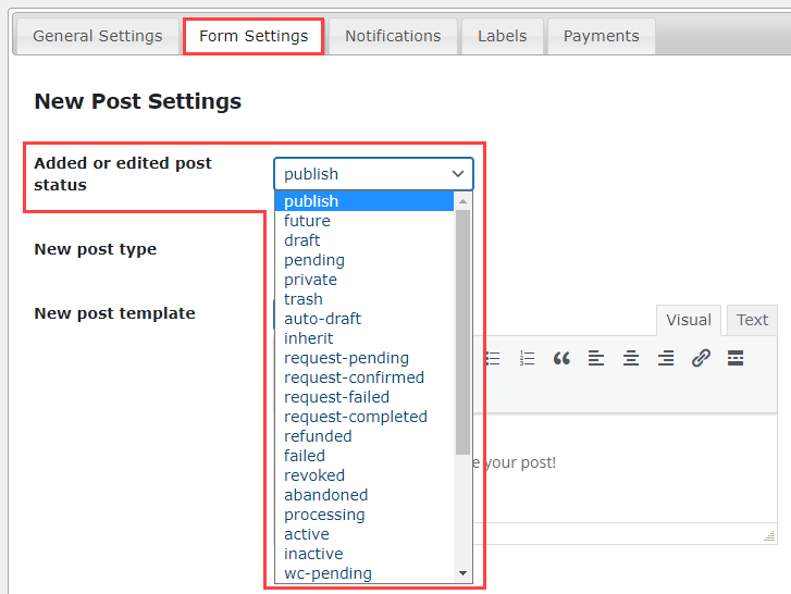 Form settings - Frontend Publishing Plugin