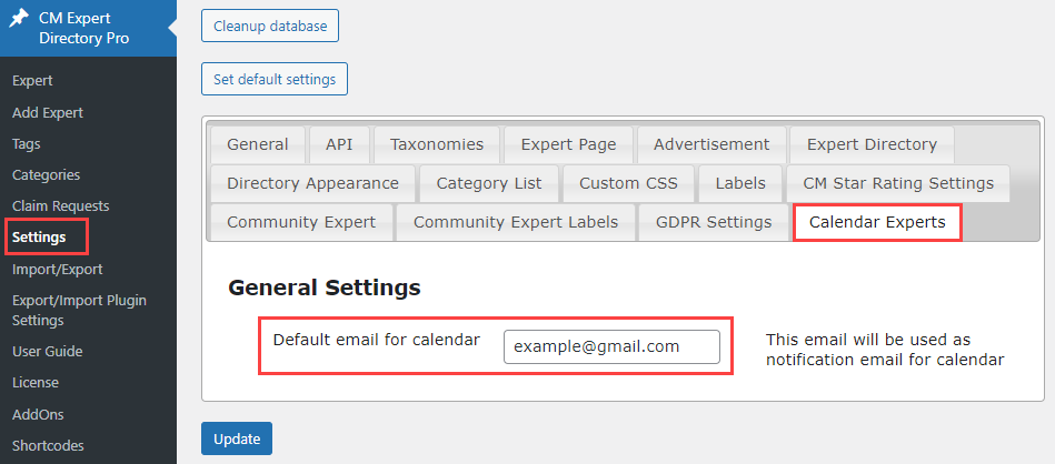 Setitng up the default email for calendar - WordPress Plugin for Member Directory