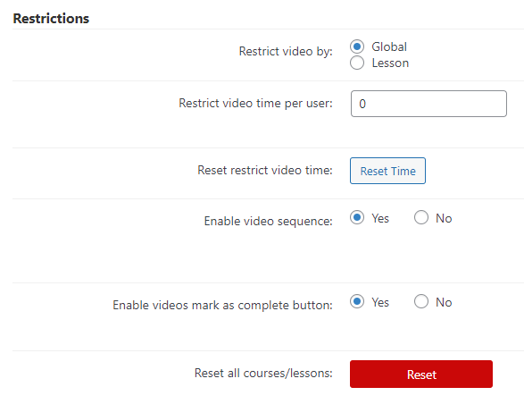 Restrictions settings - WordPress LMS Plugin