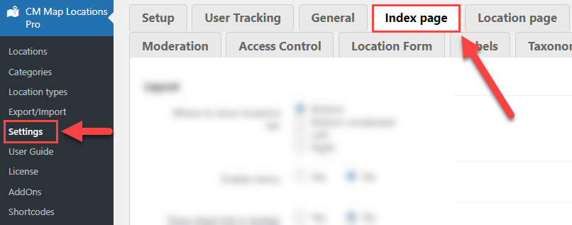 Locations Index page settings - Maps Plugin