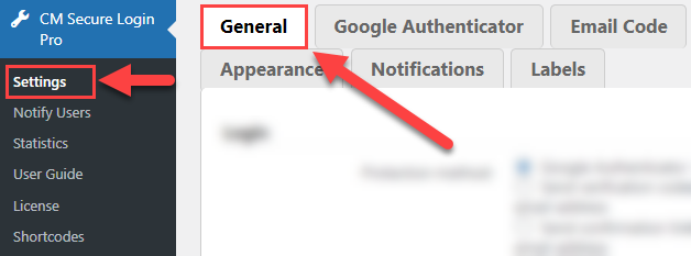 Navigation to the general plugin settings - 2 Factor Authentication for WordPress