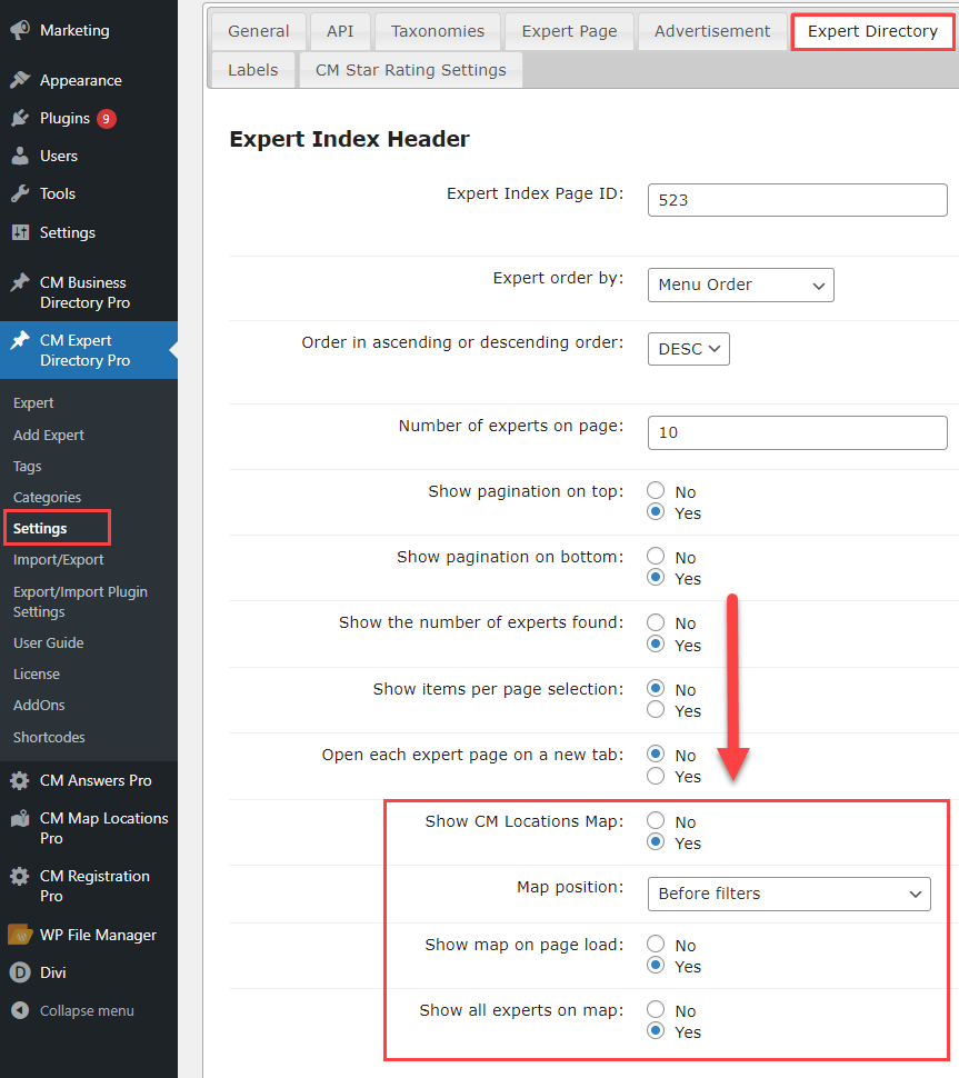 Enabling the map on the expert directory index page - WordPress Plugin for Member Directory