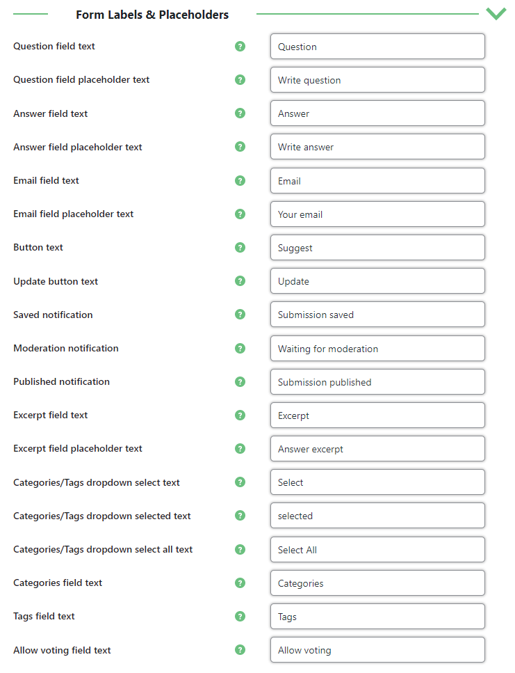 Form labels & placeholders - FAQ Search WordPress Plugin