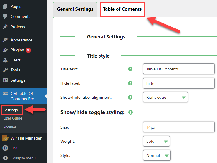 Table of contents settings - Floating Table of Contents WordPress