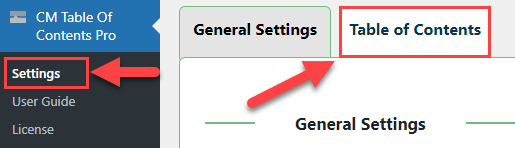 Table of contents settings tab - Table of Contents WordPress