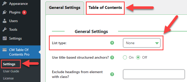 Choosing list type - TOC Table of Contents WordPress Plugin