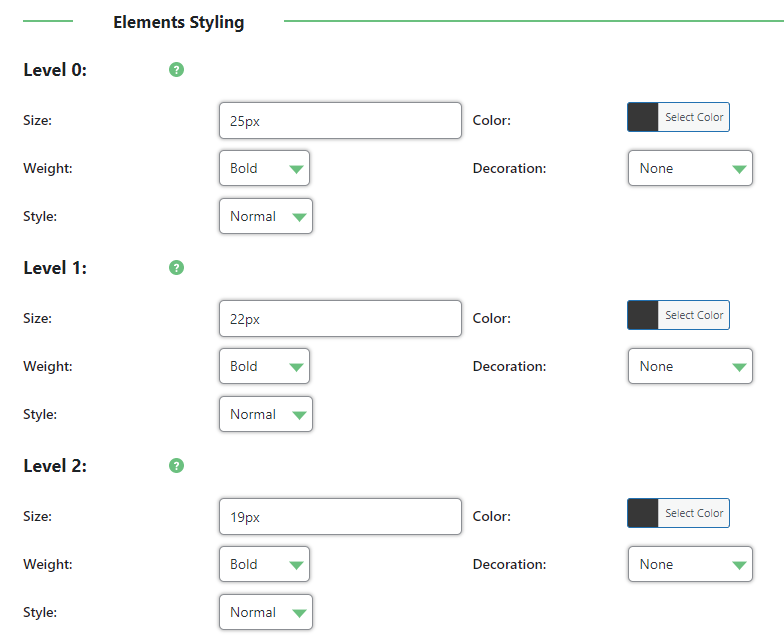 Element styling settings - Add Table of Contents WordPress