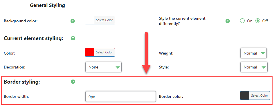 Border styling settings - TOC Table of Contents WordPress Plugin