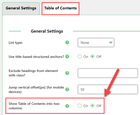 Enabling the two columns feature - TOC Table of Contents WordPress Plugin