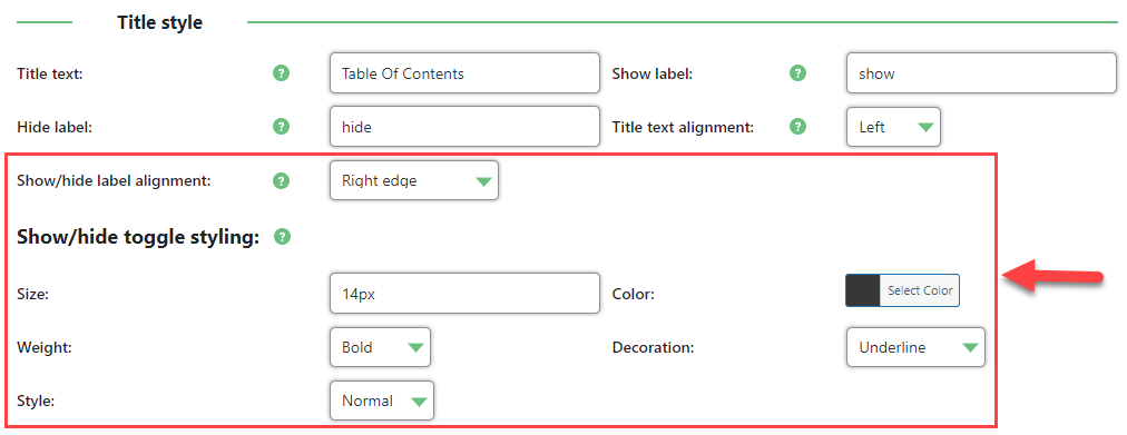 Show/hide toggle styling settings - WordPress TOC Plugin