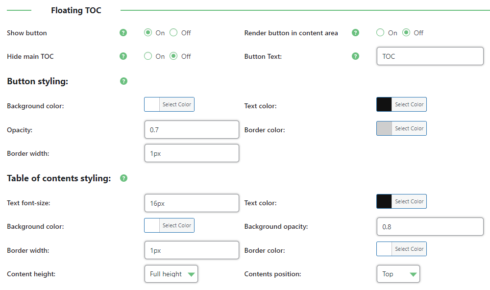 Floating TOC settings - WordPress Table of Contents