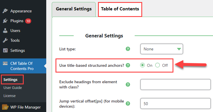 Enabling title-based structured anchors - Add Table of Contents WordPress