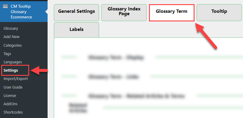 Glossary term settings tab - WordPress Internal Linking Plugin