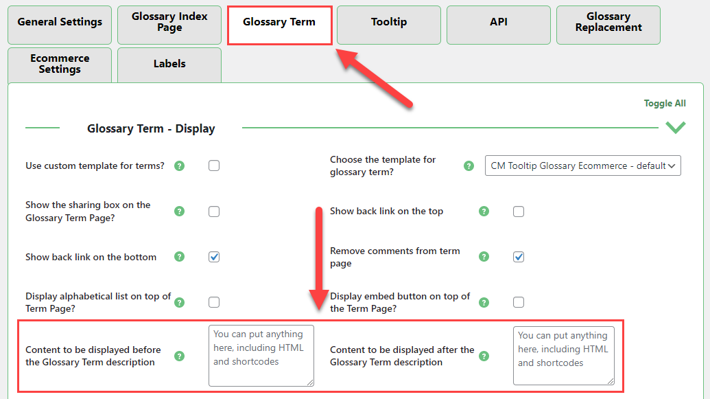 Settings for displaying content before and after the term - Wiki for WordPress