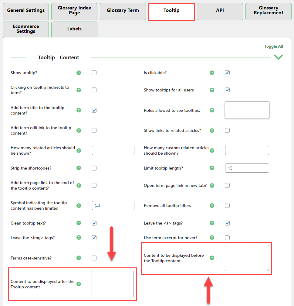 Settings for displaying content before and after the term in the tooltip - Wiki WordPress Plugin