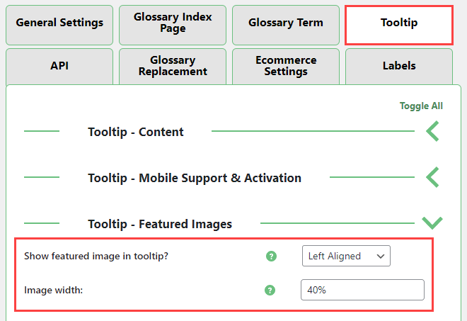 Featured images settings - Tooltip Plugin WordPress